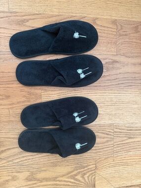 Black Plush Slide Slippers White Palm Embroidery from luxury hotel SETAI Miami